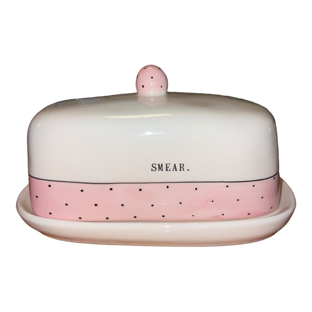 Rae Dunn butter dish Smear. Typewriter pink polka dot - Picture 1 of 7